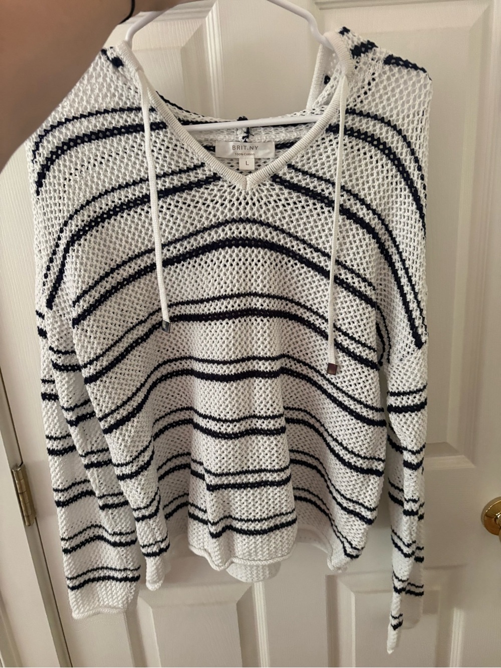 BRIT NY Womens Large White & Navy Striped Hooded Knit Sweater New